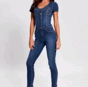 GUESS Denim Jeans Skinny Jumpsuit Short Sleeve Button Down Stretchy Blue XS